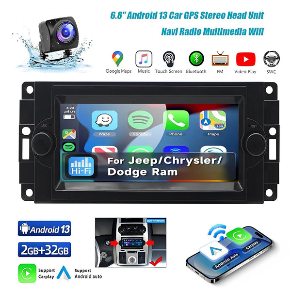 Android 13 Car Stereo GPS – 2+32GB for Dodge Ram 1500/2500/3500 with CarPlay & Android Auto