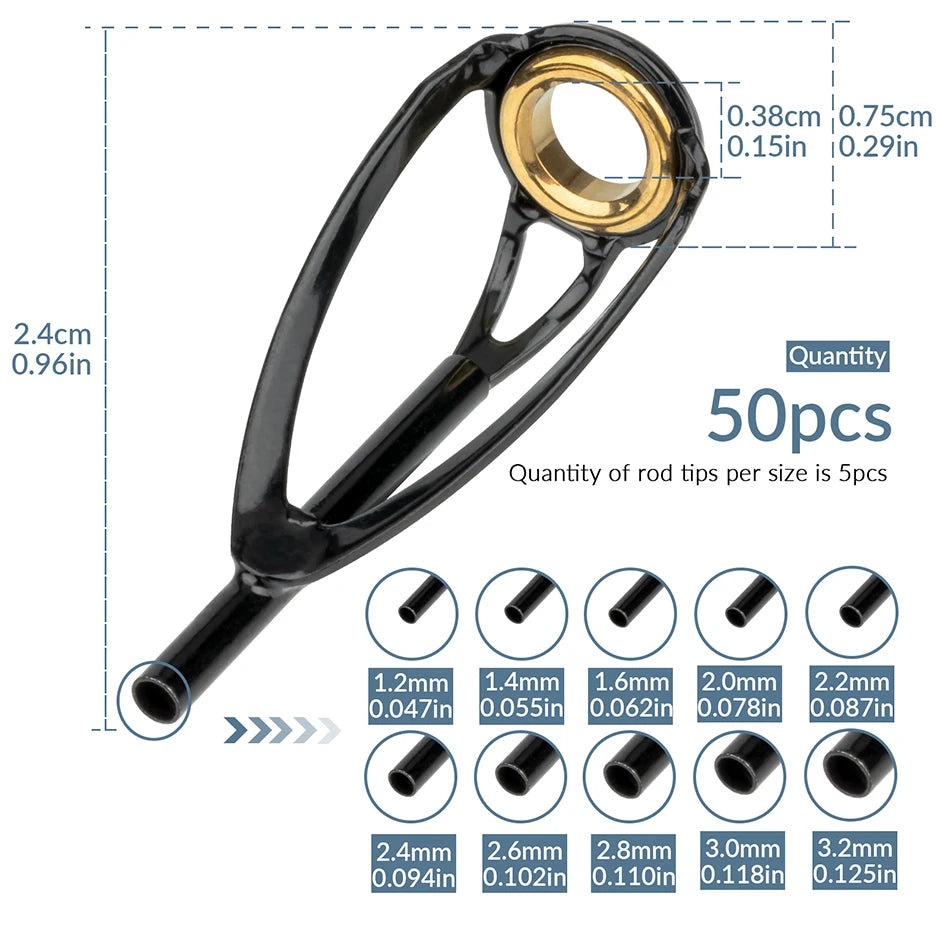 50pcs Fishing Rod Top Tip Repair Kit – Stainless Steel 1.2–3.2mm