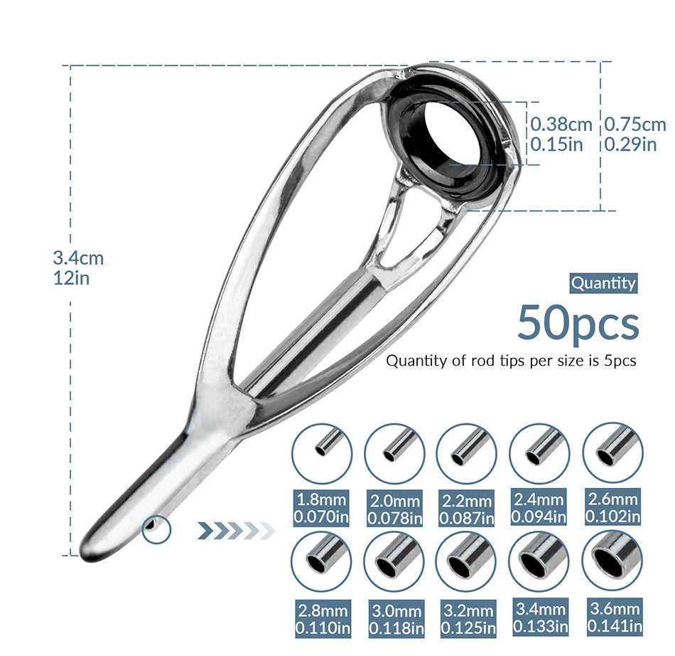 50pcs Fishing Rod Top Tip Repair Kit – Stainless Steel 1.2–3.2mm
