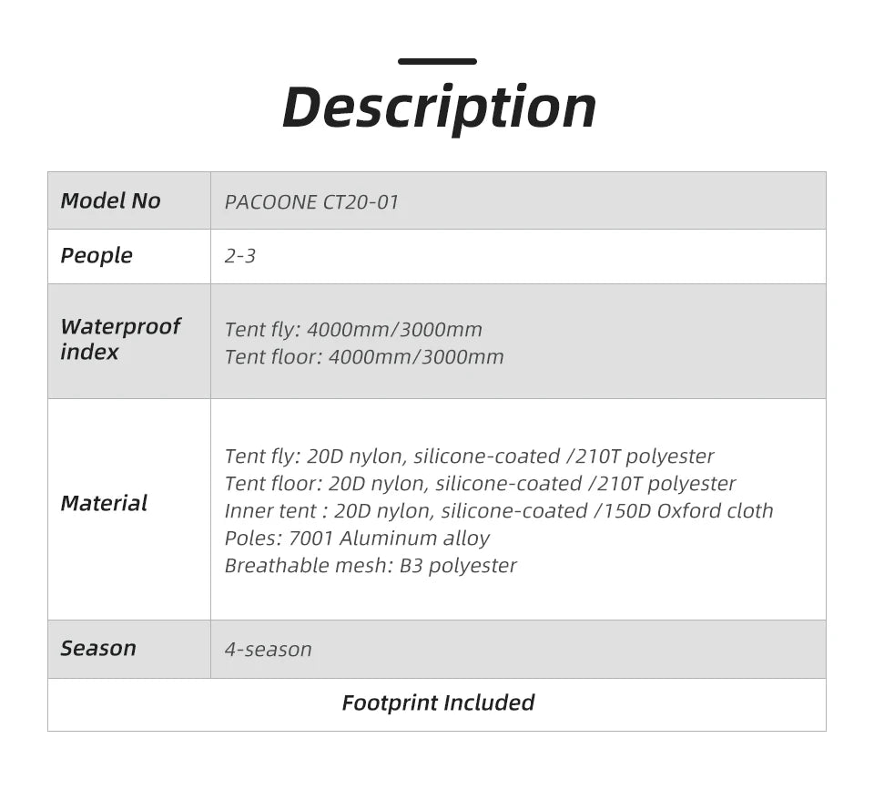 PACOONE Ultralight 20D Nylon Camping Tent