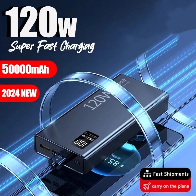 120W 50000mAh Power Bank – High Capacity Fast Charger for iPhone & Samsung