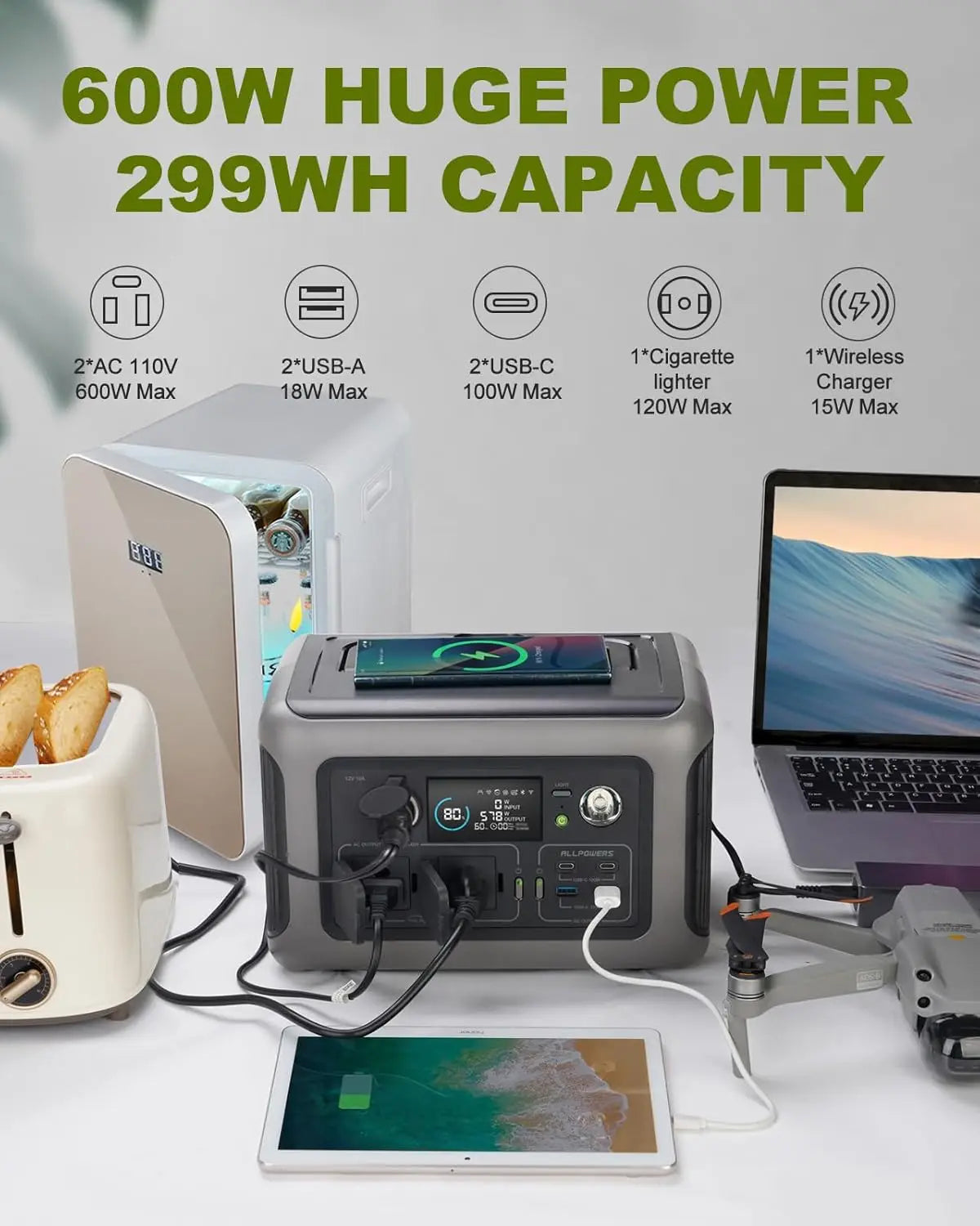 ALLPOWERS R600 Portable Power Station – 299Wh LiFePO4 Battery, 2×600W AC Outlets