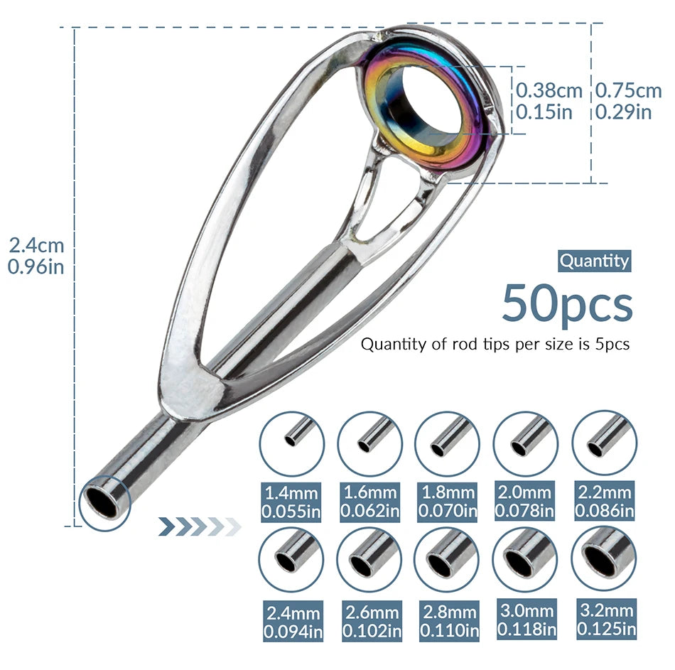 50pcs Fishing Rod Top Tip Repair Kit – Stainless Steel 1.2–3.2mm