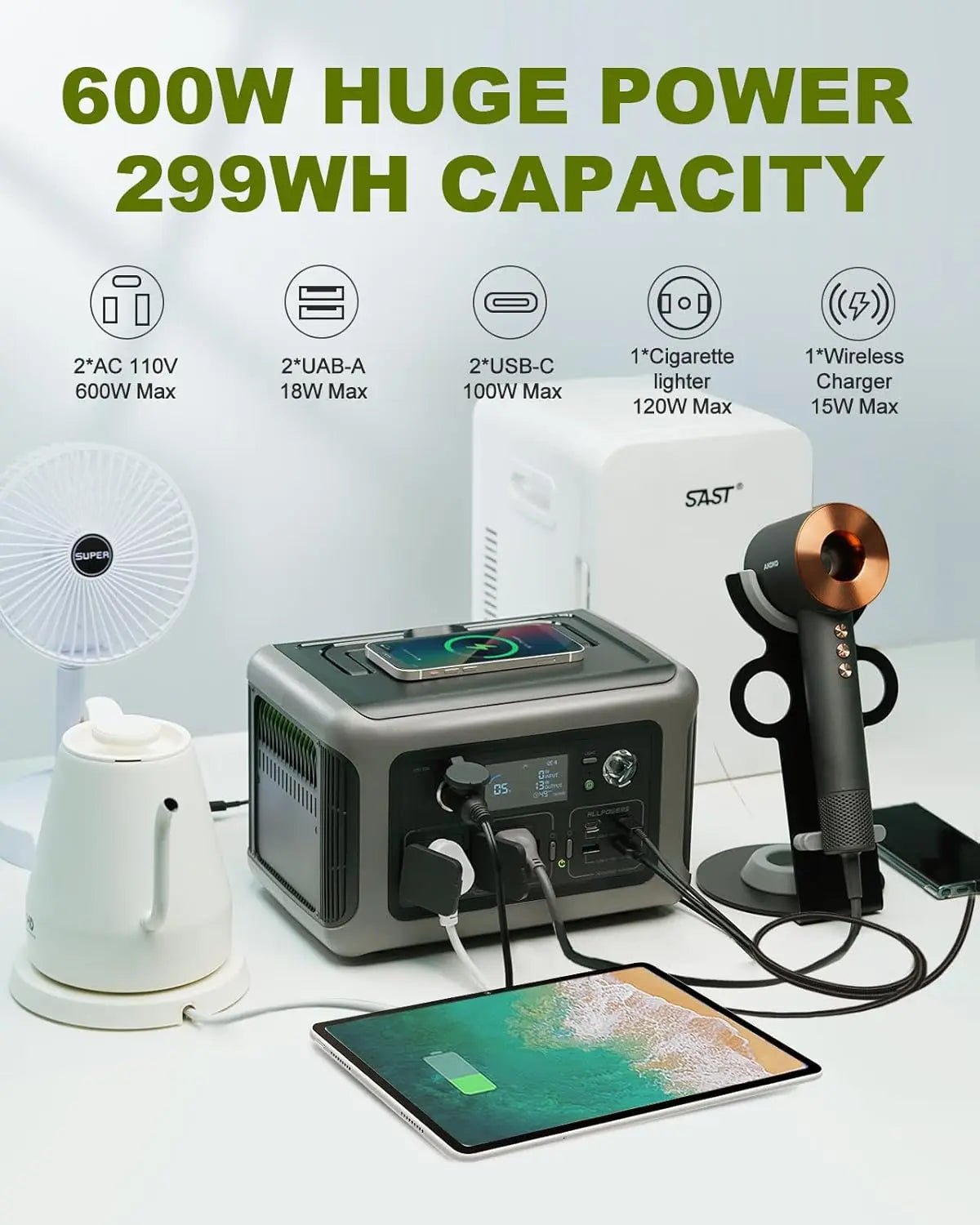 ALLPOWERS R600 Portable Power Station – 299Wh LiFePO4 Battery, 2×600W AC Outlets