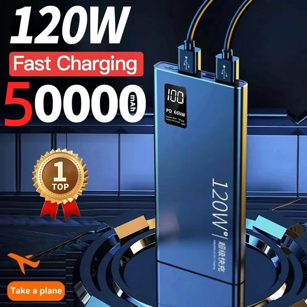 120W 50000mAh Power Bank – High Capacity Fast Charger for iPhone & Samsung