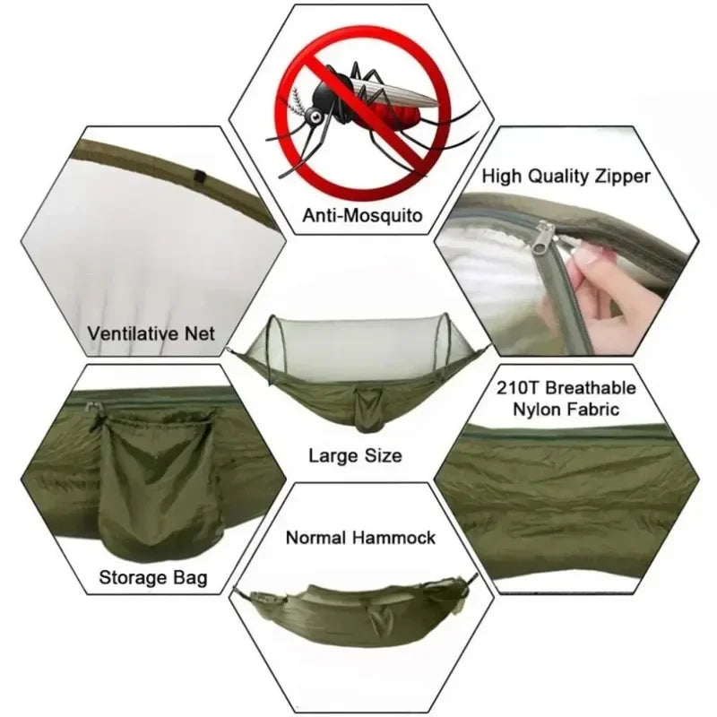 250x120cm Outdoor Hammock with Net – Lightweight Camping & Travel Parachute Fabric